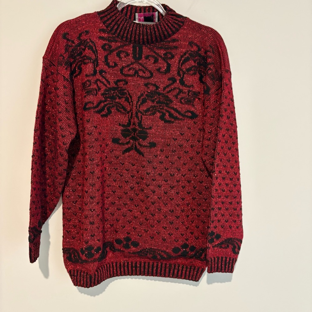 Adele Knitwear vintage Swirl &‎ Hearts Sweater Red Lurex Sparkle & Black Large